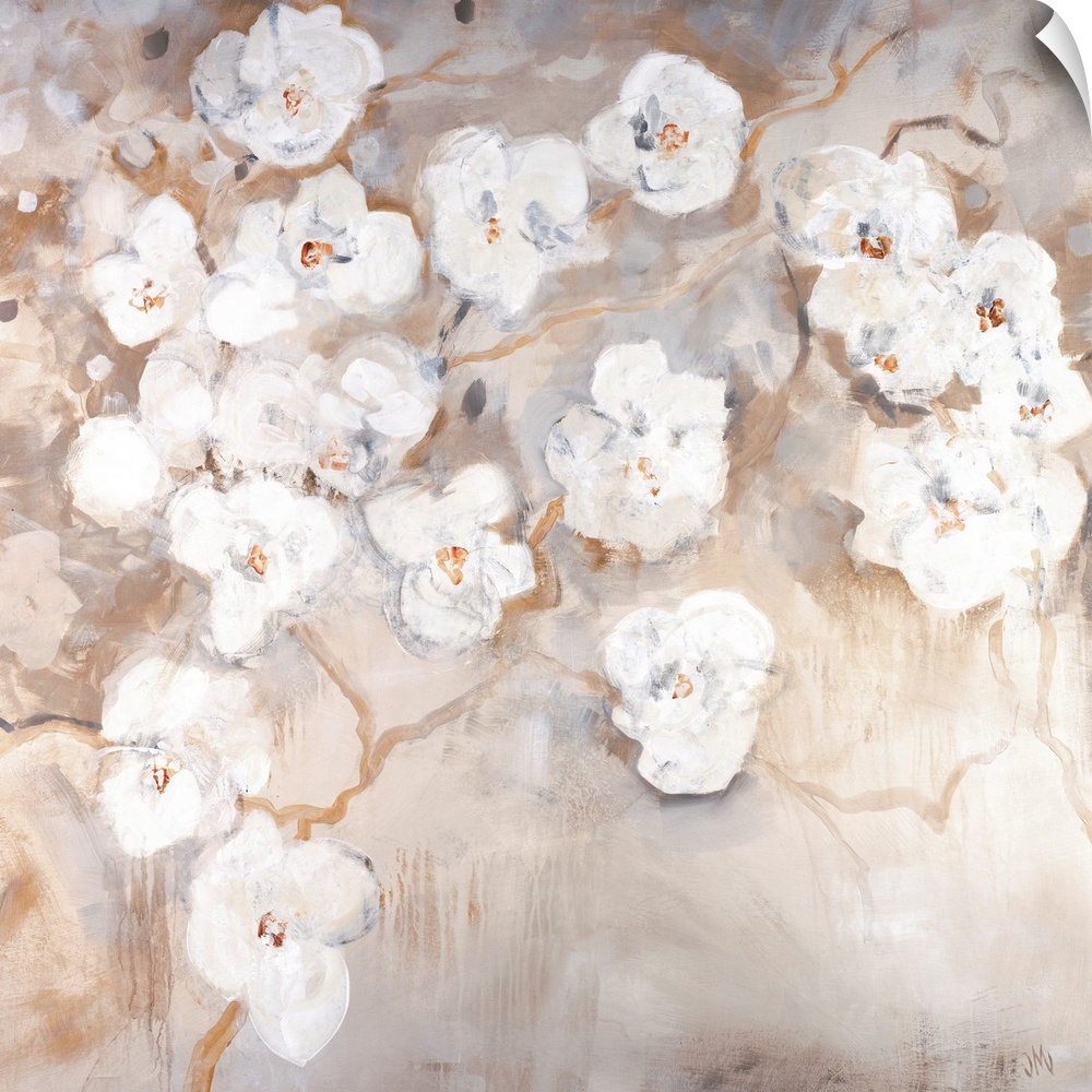 Huge contemporary art shows a group of flowers against a bare background.