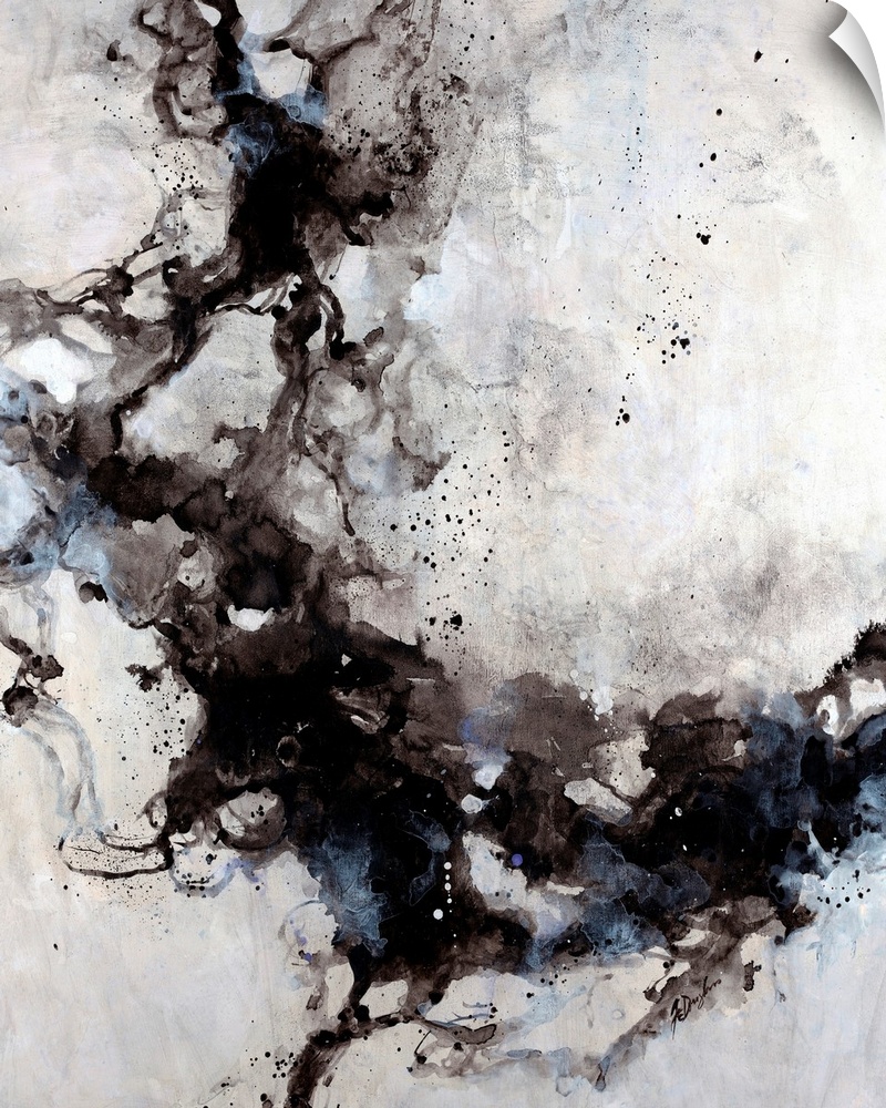 Abstract painting of blended ink splats and splatter with a soft pastel background.