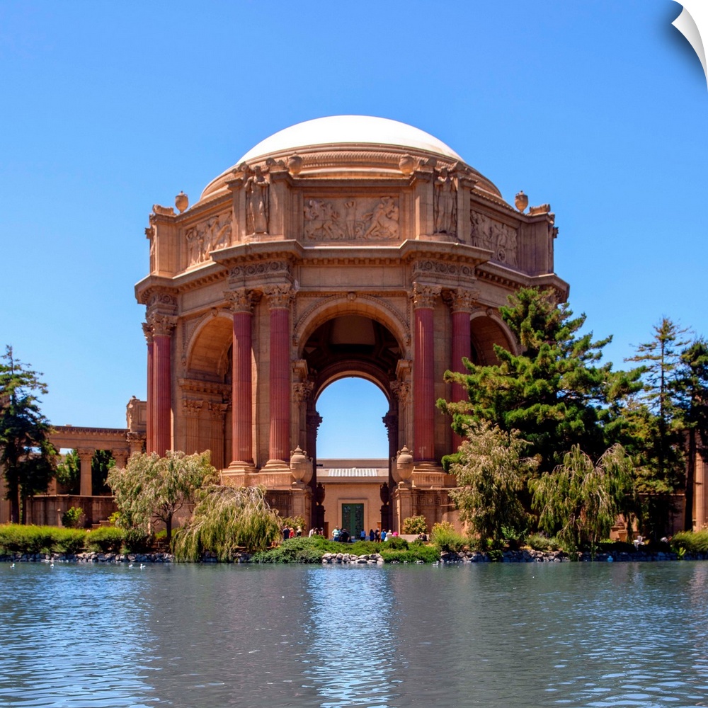 View of Greco-Roman style rotunda and colonnades, Palace of Fine Arts in San Francisco, California.