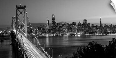 Panoramic Black and White photograph of Bay Bridge, San Francisco