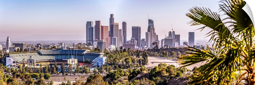 Panoramic view of downtown Los Angeles skyline in California.
