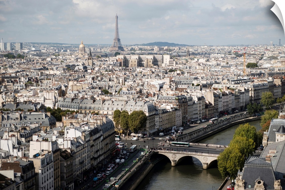 Photograph of a Paris Cityscape with the Eiffel Tower towering over the city.