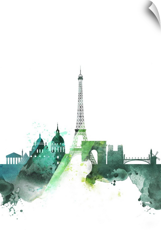 The Paris city skyline in colorful watercolor splashes.