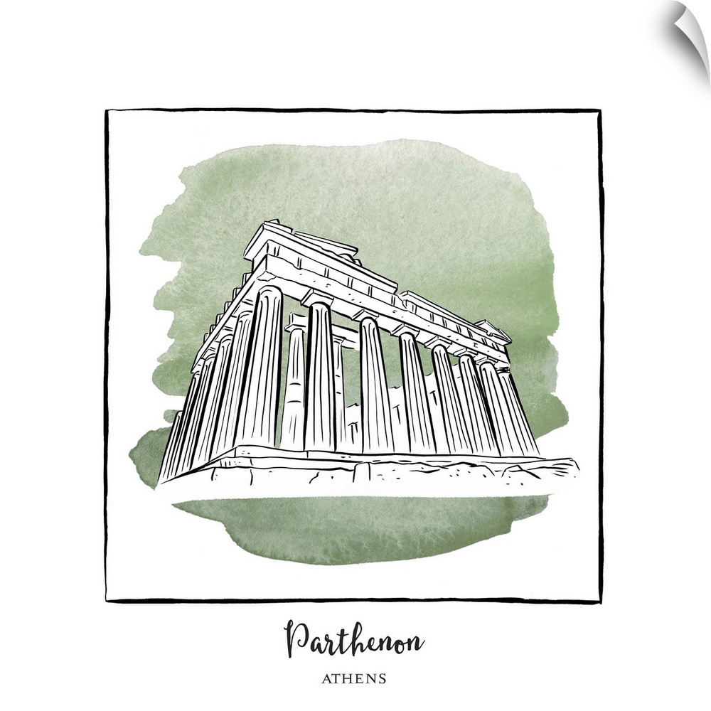 An ink illustration of the Parthenon in Athens, Greece, with a green watercolor wash.
