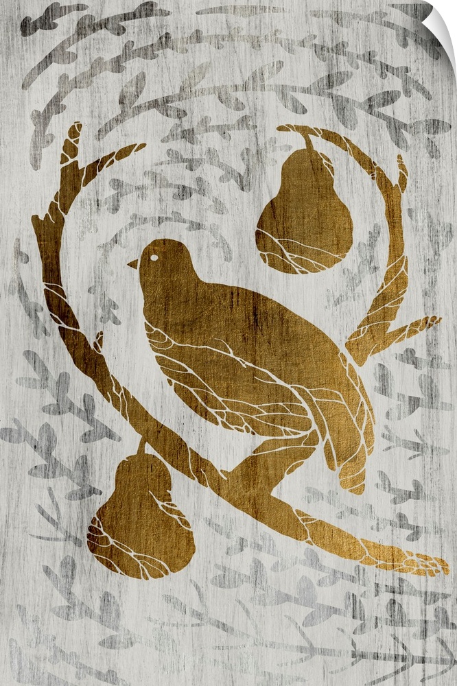 Gold leaf on weathered wood with a fern pattern of a partridge with two pears.