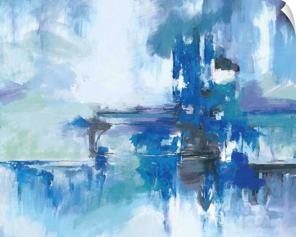 A contemporary abstract painting using multiple blue tones in a horizontal movement.