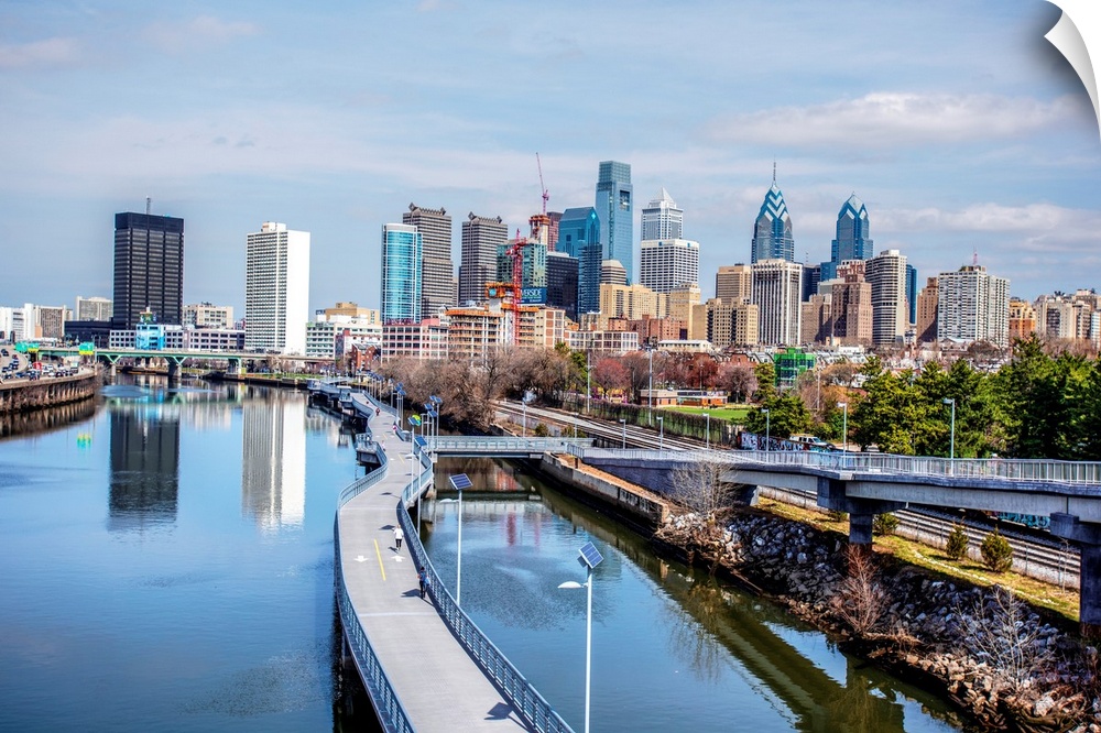 View of skyscrapers in Philadelphia, Pennsylvania, seen from the waterway.
