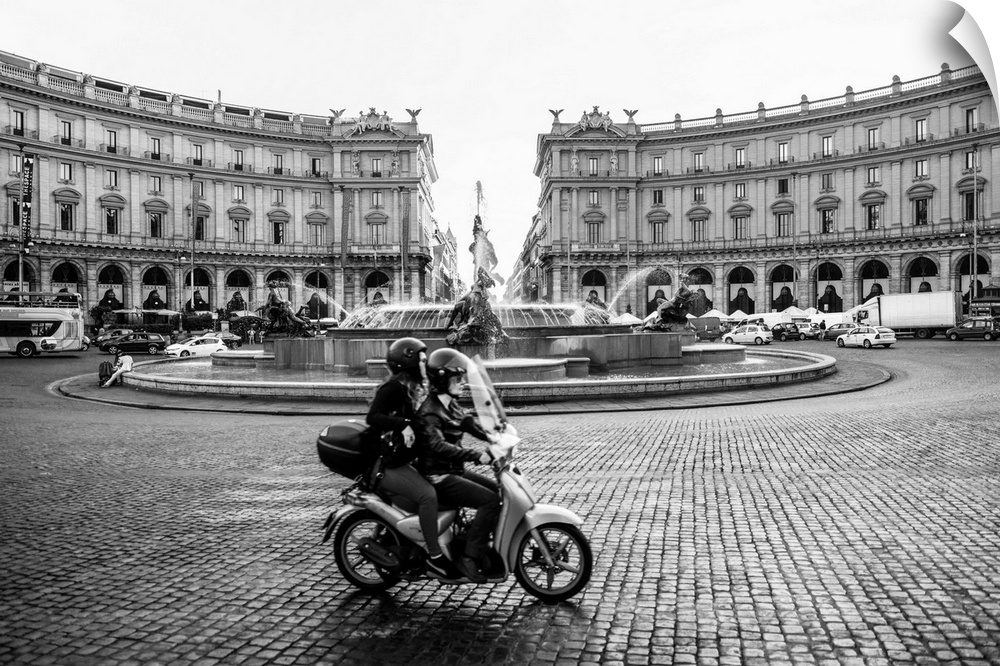 Photograph of the Piazza della Repubblica with the Fountain Of The Naiads and a couple on a motorbike in the foreground, F...