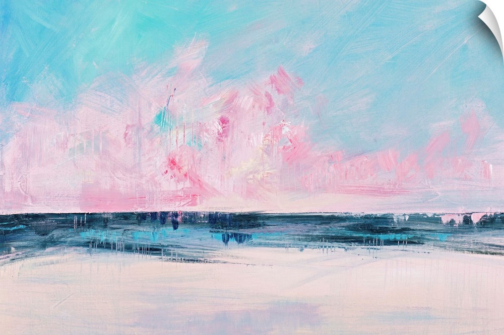 Semi-abstract contemporary artwork of a seascape with bright pink clouds on the horizon.