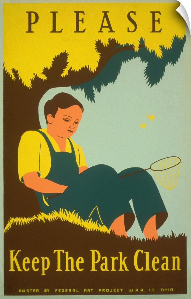 Please keep the park clean. Poster encouraging conservation of a natural resource area, showing a boy holding a butterfly ...