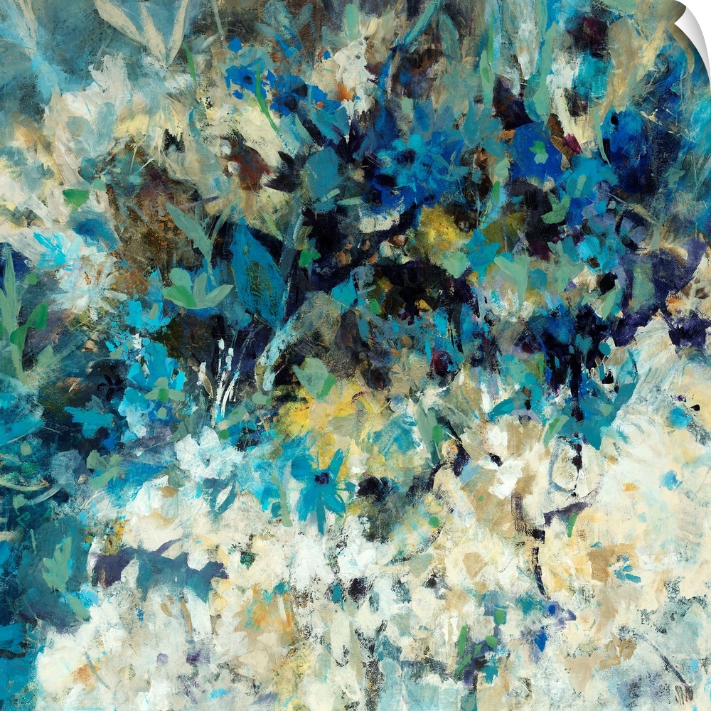 Square, oversized abstract painting of many small flowers in light, cool tones. Painted with short, rough brushstrokes.