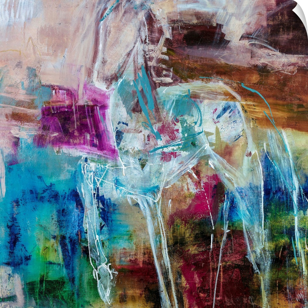 Abstract painting of a pony outlined in white, complemented by splotches of vibrant purple and bright blue.