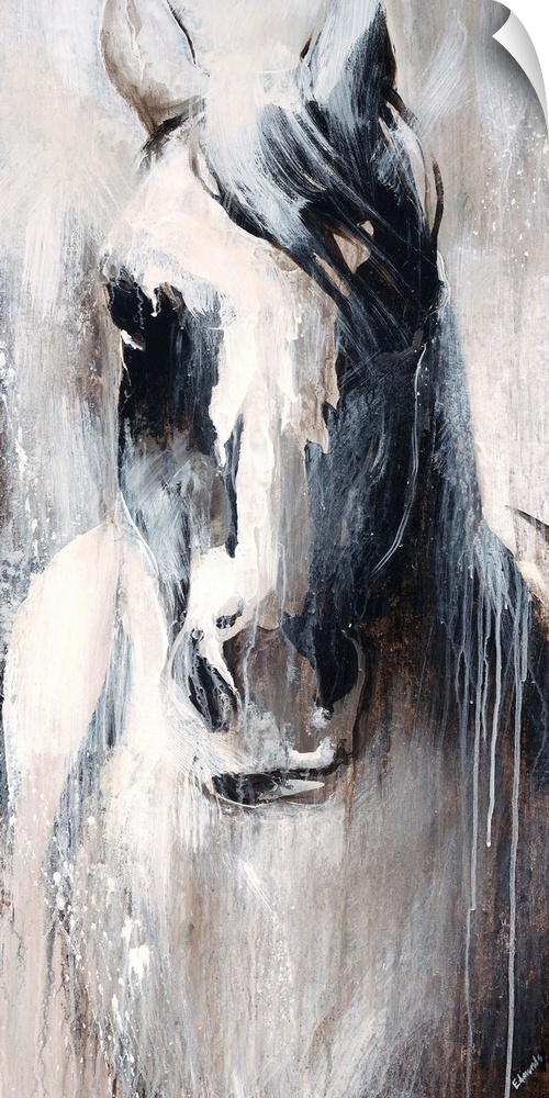 Neutral-toned painting of a horse with paint drips.