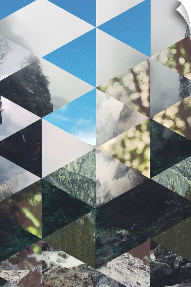 Geometric triangular shapes against a background of different forest images.