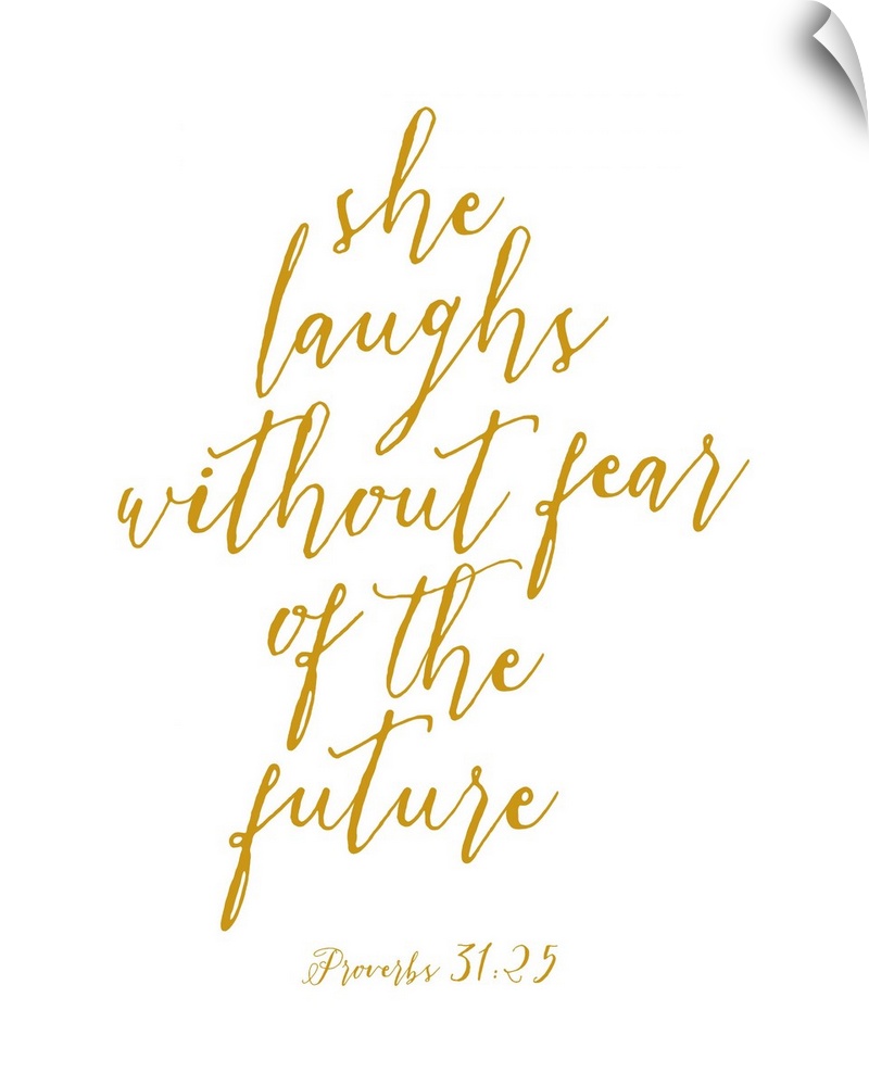 Handlettered Bible verse reading She laughs without fear of the future.