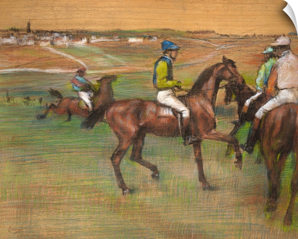 Degas undertook racing scenes throughout his career, characteristically manipulating his horses and jockeys from one pictu...