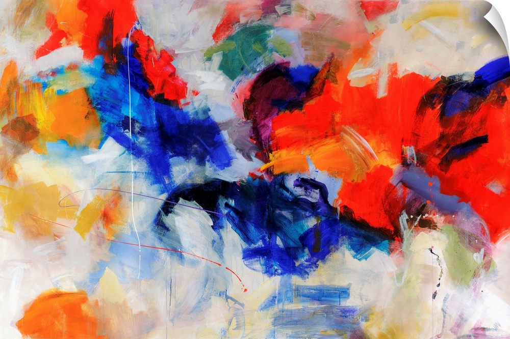 Wall art of an abstractly painted canvas of different blotches of bright colors put together.