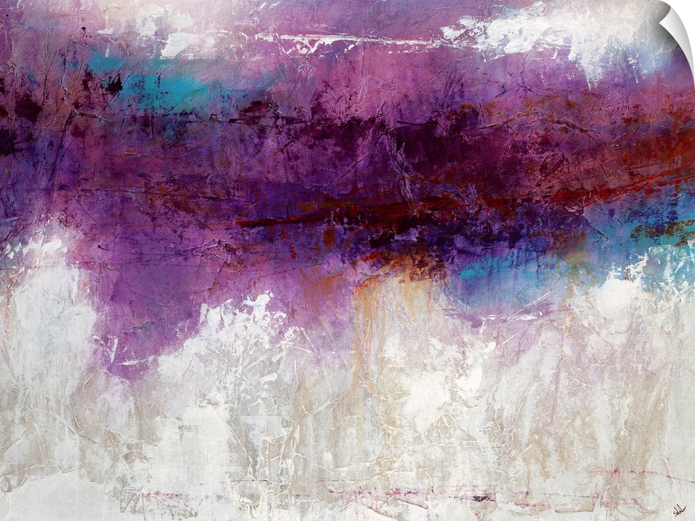 Abstract artwork consisting of a bright purple mass over a cool, neutral background.