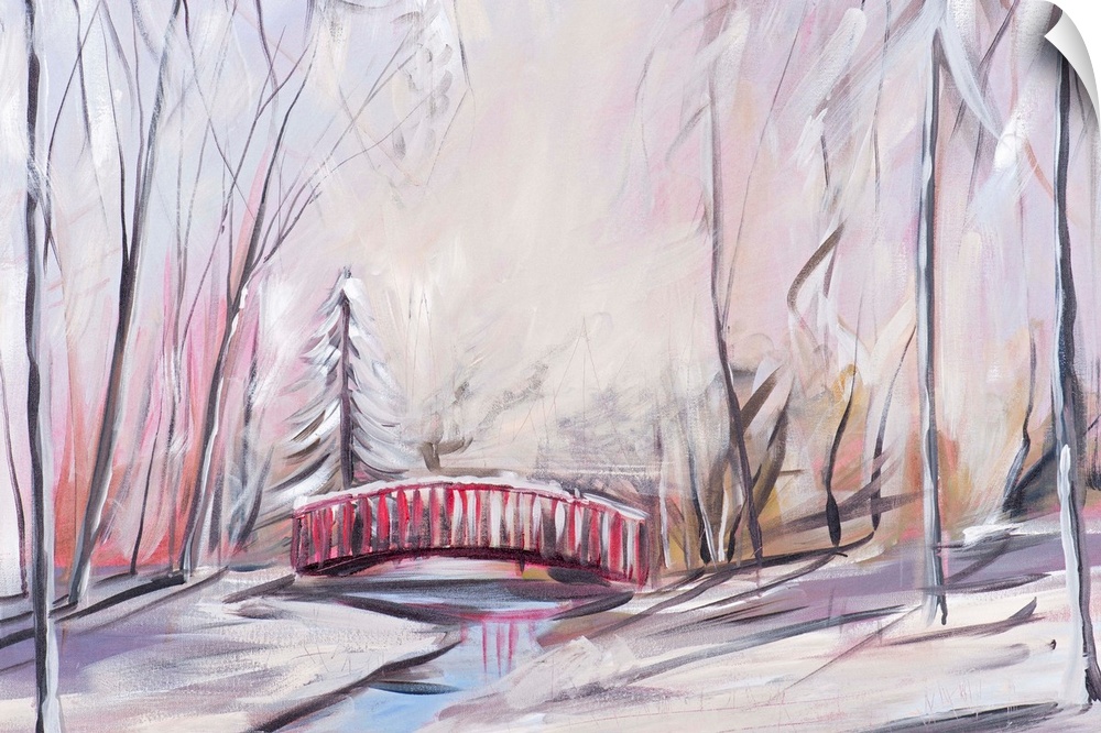 Contemporary painting of a forest in the winter with a small red bridge over a creek.