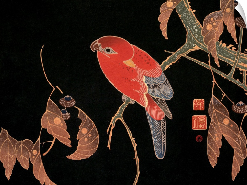 Japanese woodblock print of a red lory perched on a tree branch.