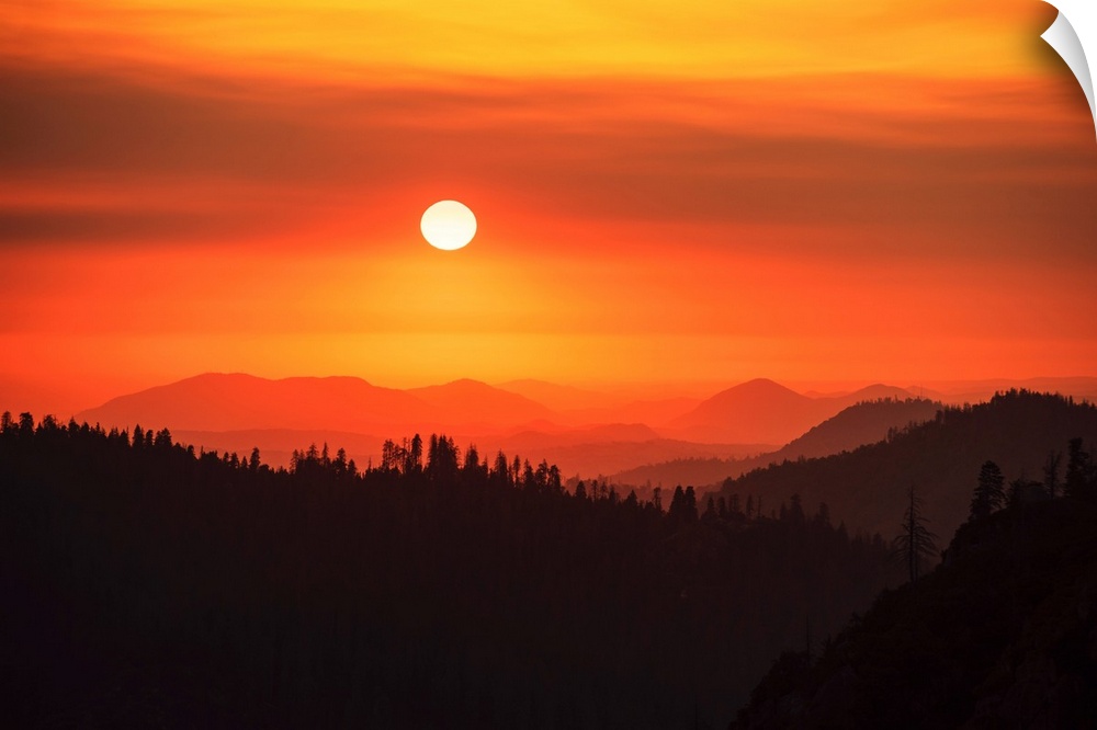 View of a vibrant red sky in Sequoia National Park, California.