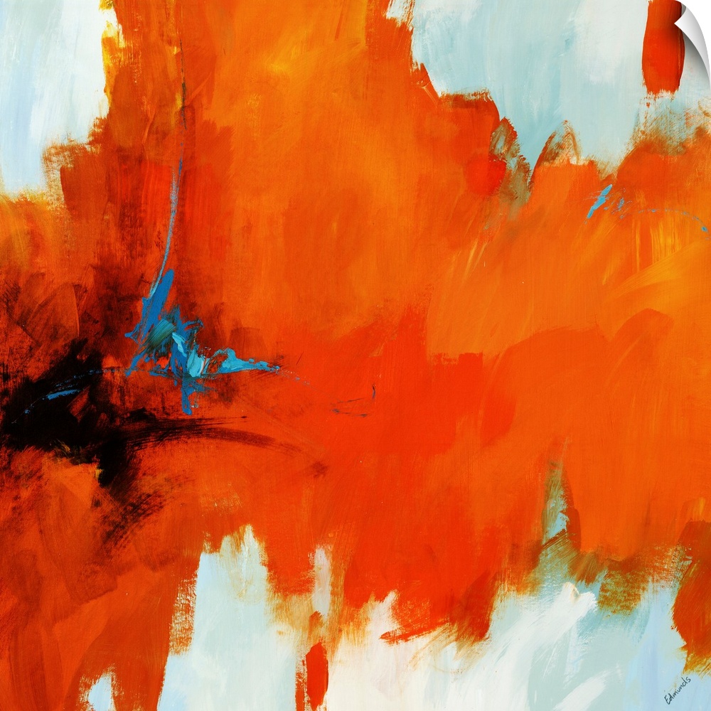 Contemporary painting on a square canvas of an abstract vision involving intense, hot color retreating from a dark center.