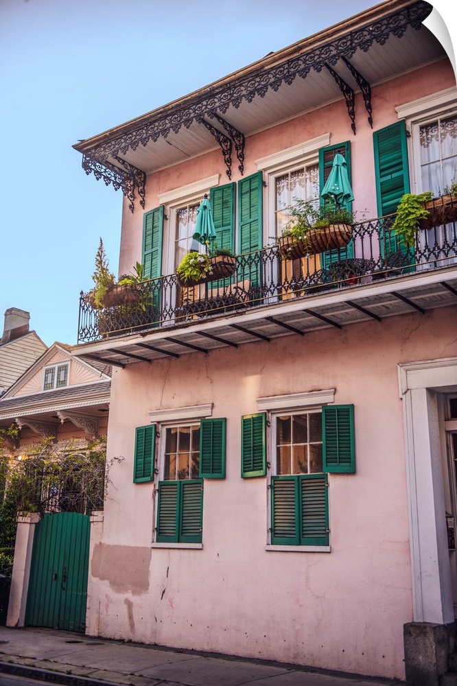 View of ironwork detail and French quarter architecture in New Orleans, Louisiana.