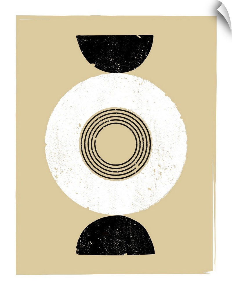A circular, geometric image in a retro style in neutral colors.
