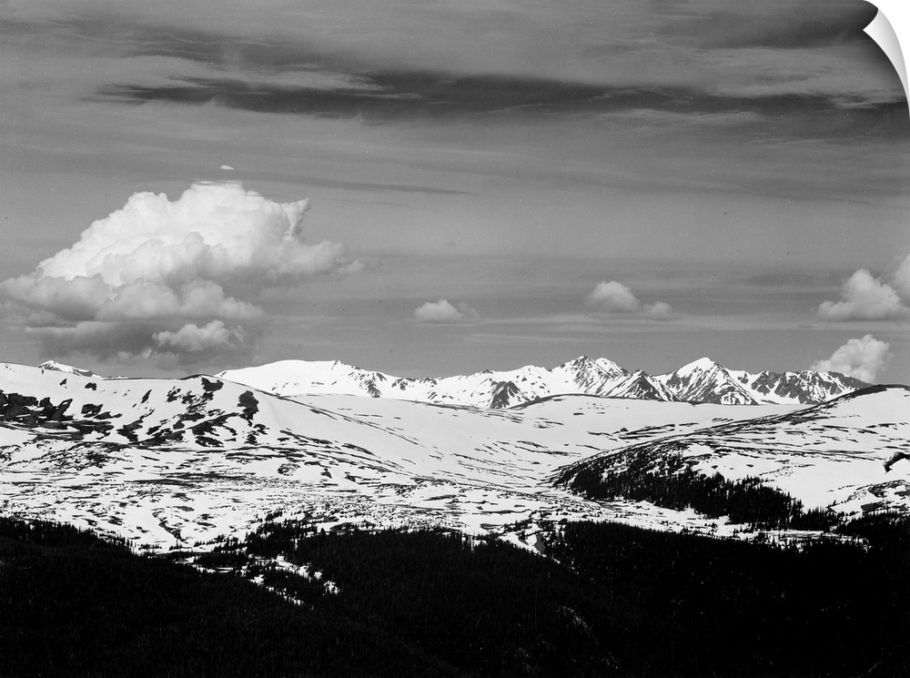 Rocky Mountain National Park. Never Summer Range, panorama at timberline, dark foreground, light snow capped mountain, gra...