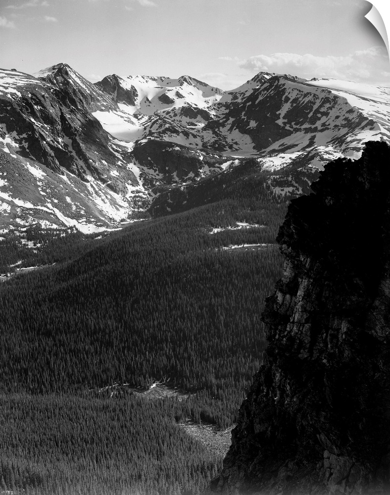 In Rocky Mountain National Park, vertical panorama of snow-capped mountain timbered area below.