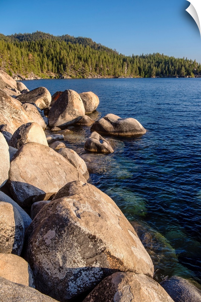 View of a large boulders on the shoreline of Lake Tahoe in California and Nevada.