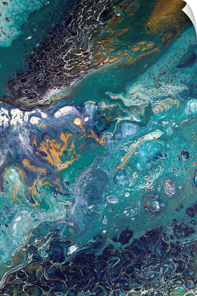 Abstract contemporary painting in color tones resembling the ocean, applied in a marbling effect.