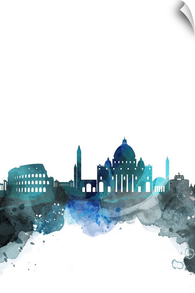 The Rome city skyline in colorful watercolor splashes.