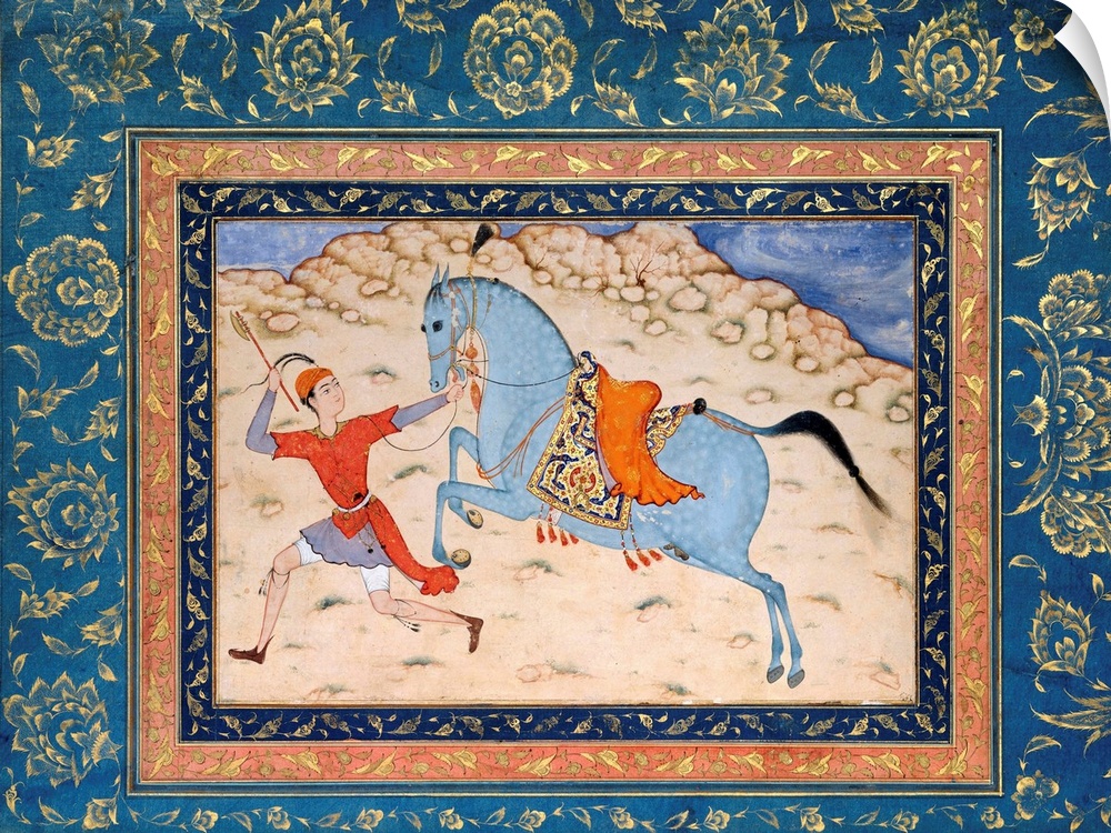 The drawing of the blue-gray horse, its rich saddle, and the bare, rocky landscape are in a Persian vein, while the groom,...
