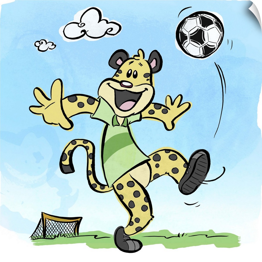 Fun cartoon artwork of a spotted cheetah kicking a soccer ball into the air.