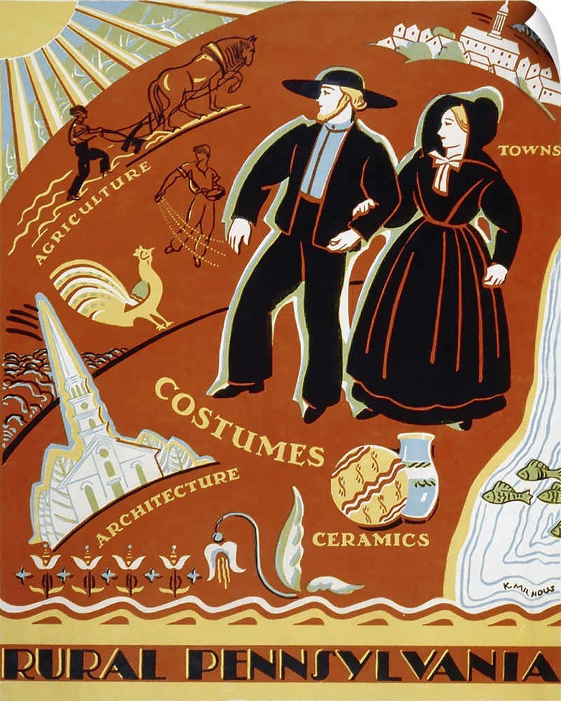 Rural Pennsylvania. Poster promoting Pennsylvania, showing a man and a woman from a religious community and scenes depicti...
