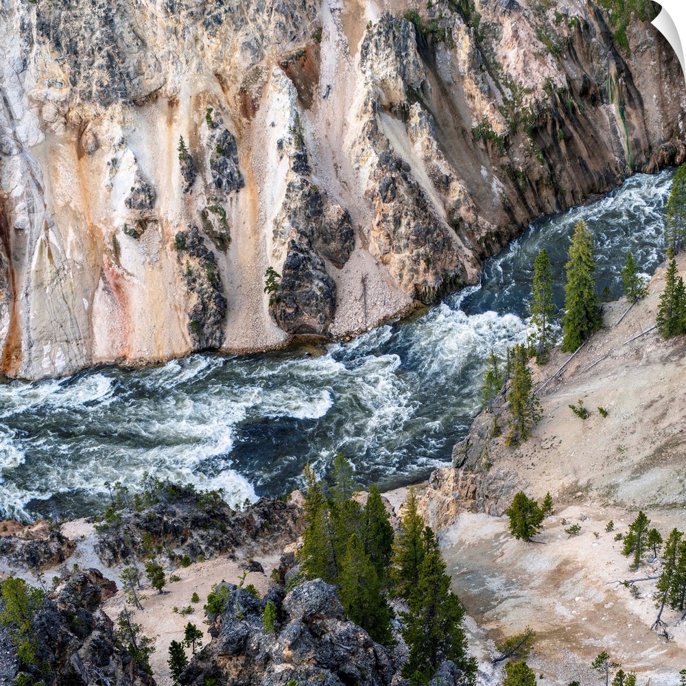 Overview of the rushing currents of Yellowstone river in Yellowstone National Park.