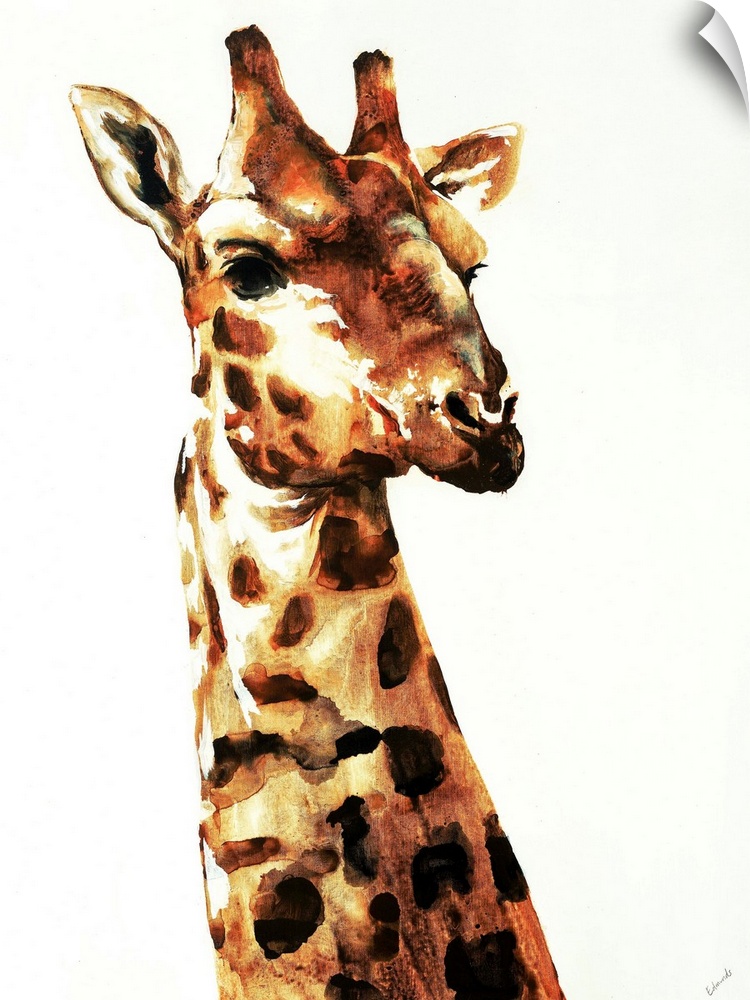 Watercolor portrait of a giraffe in various orange and brown tones.