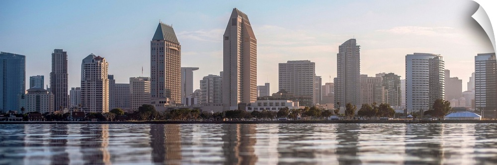 Panoramic photograph of the San Diego, California skyline from the water just before sunset.