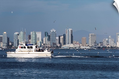 San Diego, California Skyline with Fishing Boat and Seagulls