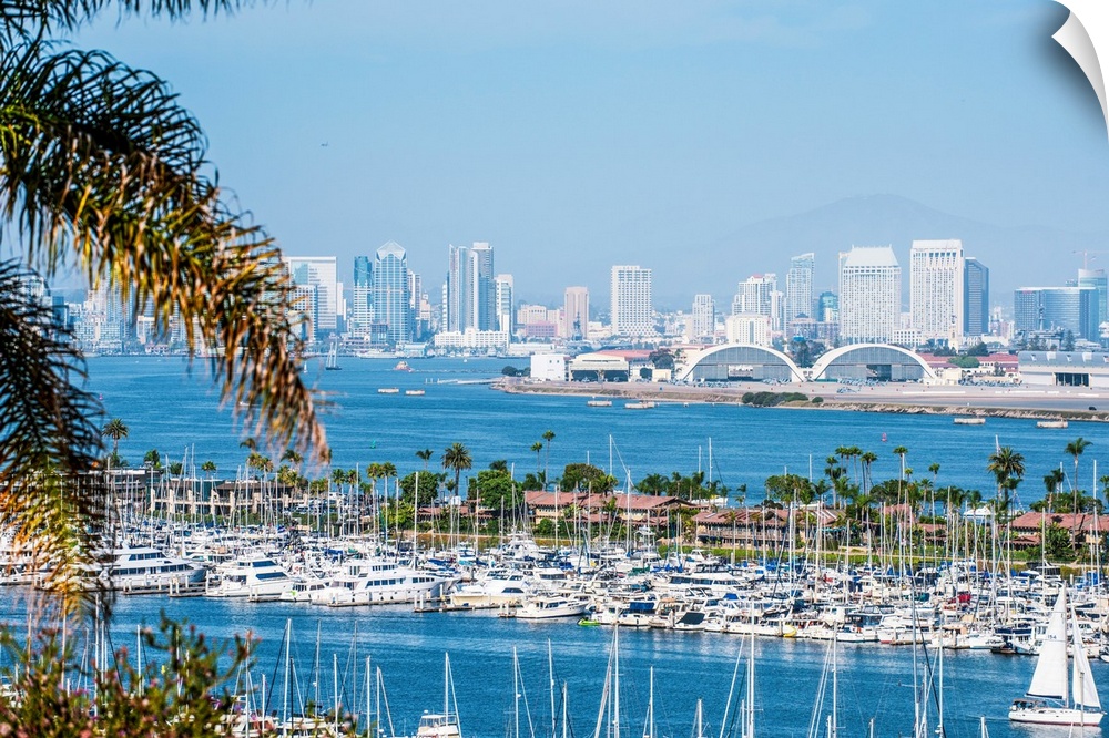 Panoramic photograph of the San Diego, California skyline with a marina in the foreground packed with sailboats.