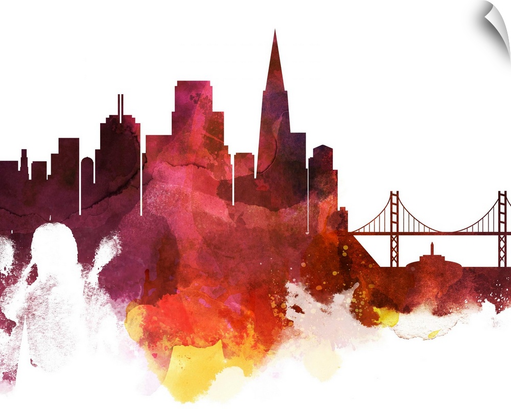 The San Francisco city skyline in colorful watercolor splashes.