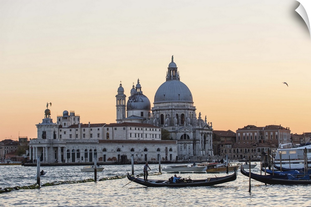 Photograph of the Santa Maria della Salute (The Salute) from the water at sunset.