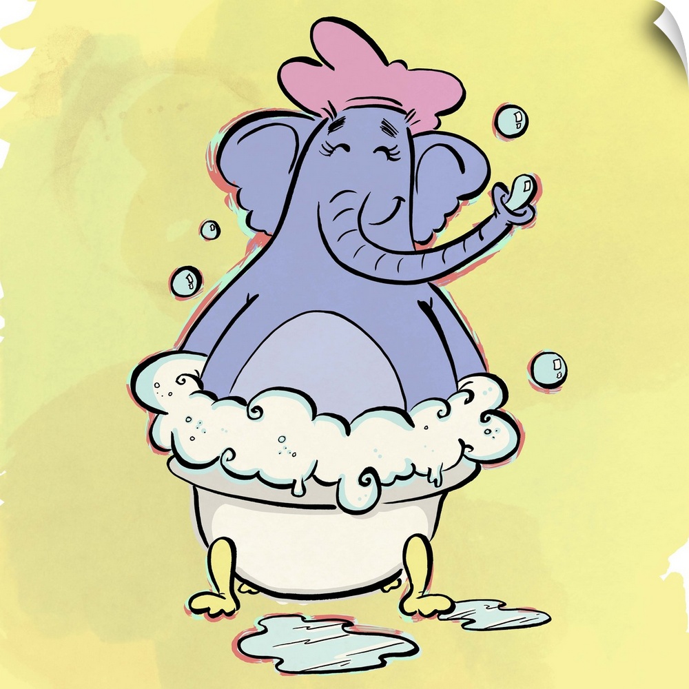 Cute cartoon art of an elephant in a bubble bath.