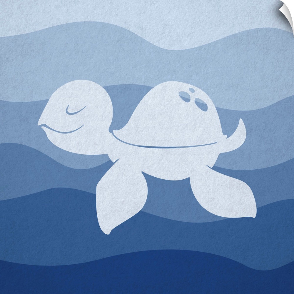 Nursery art of a sea turtle swimming in blue waves.