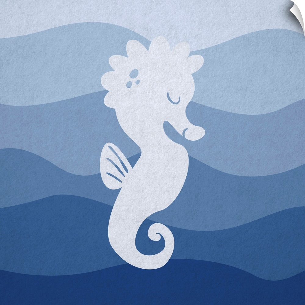 Nursery art of a seahorse swimming in blue waves.