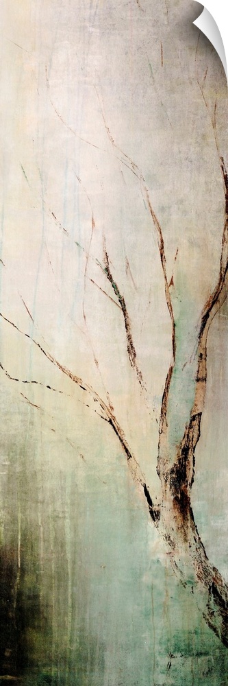 Panoramic contemporary art depicts a lone tree branch composed of earth tones as it sits in front of a bare background.