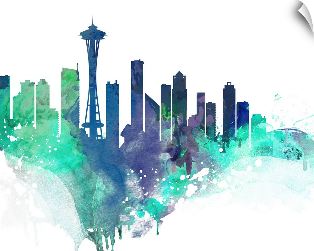 The Seattle city skyline in colorful watercolor splashes.