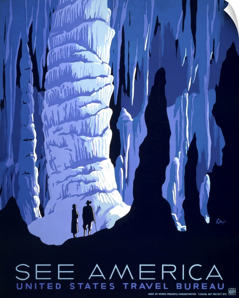 See America. Poster for the United States Travel Bureau promoting tourism, showing two people in caverns. Library of Congr...