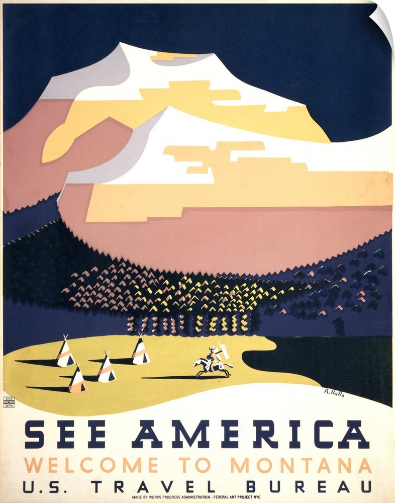 See America, welcome to Montana. Poster for the U.S. Travel Bureau promoting tourism, showing cluster of tipis with mounta...